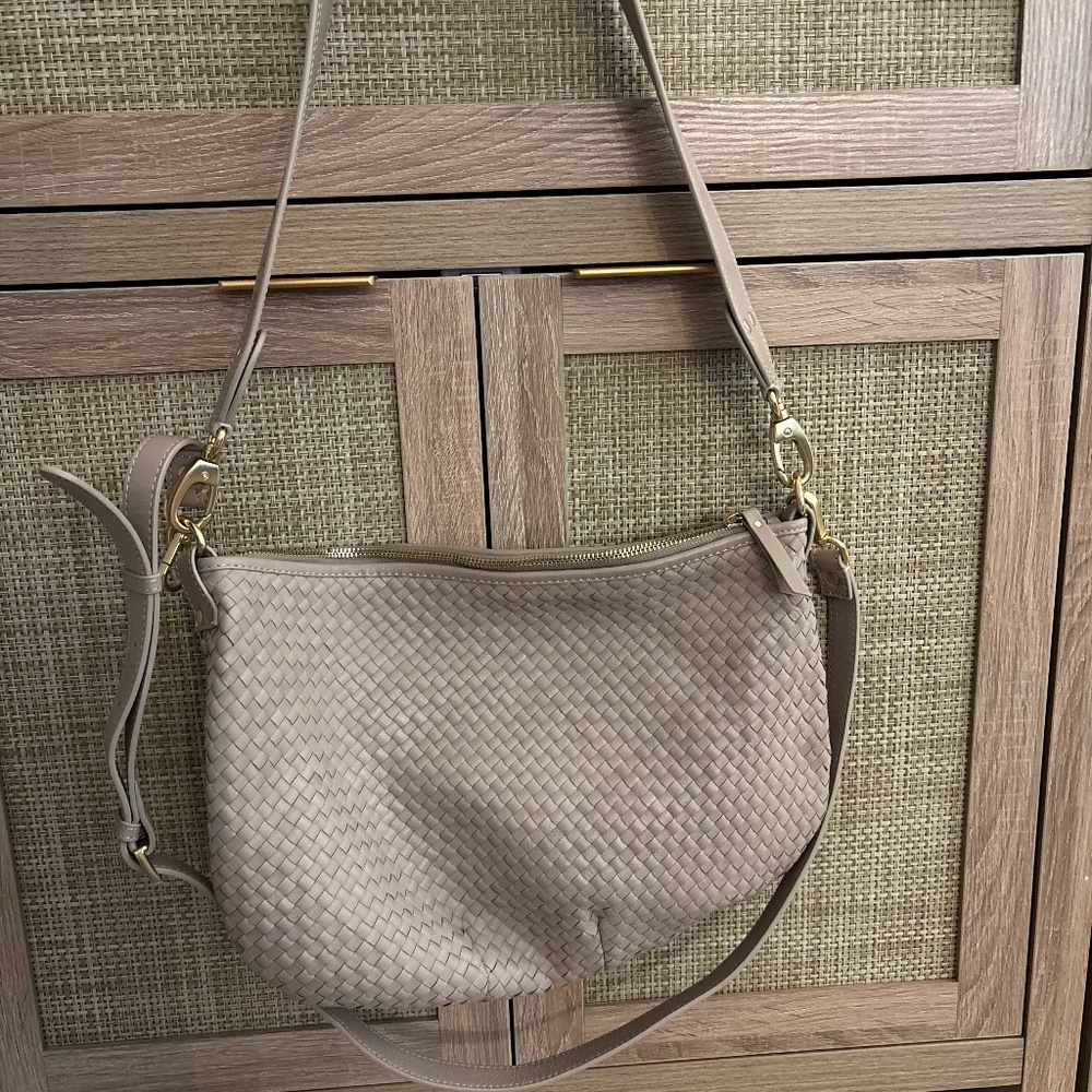 Quince Italian Woven Leather Convertible Taupe Crossbody Shoulder Bag